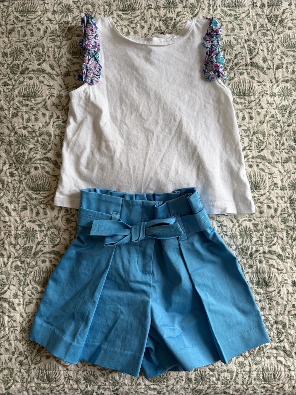 Jacadi White Tank Top with Floral Ruffle Sleeves & Blue Shorts